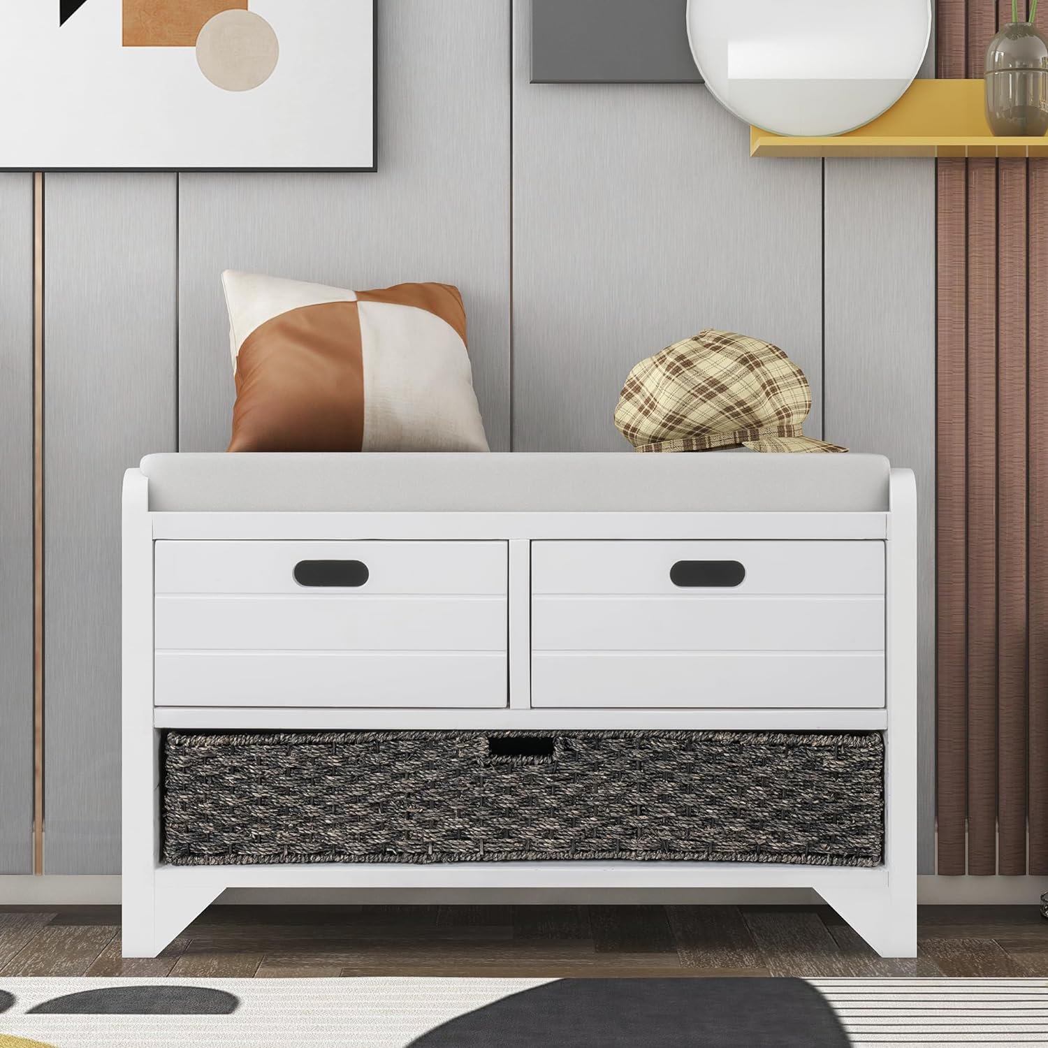 Organizer Storage Bench Entryway Bench with Removable Basket and 2 Drawers, Shoe Bench with Seat Cushion for Hallway Entryway Living Room, Full Assembled (White-2 Drawers)