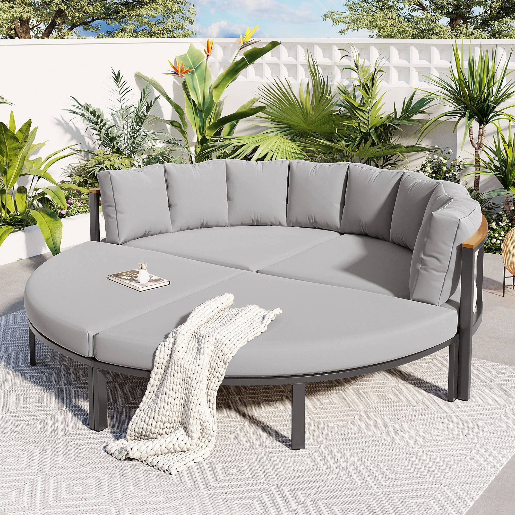 Patio Furniture Outdoor Round Daybed, 4 Pieces All Weather Metal Conversation Sectional Sofa Set with Removable Cushions and Separate Seating for Patio Lawn Garden Backyard Porch Pool, Gray