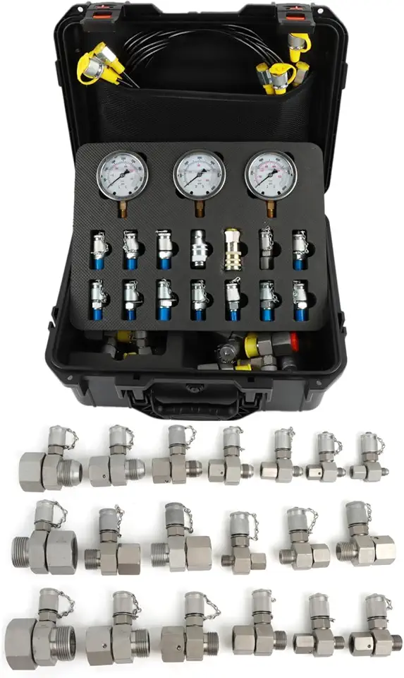 Hydraulic Pressure Test Coupling Kit, JIC BSPP ORFS Hydraulic Swivel Run Tees Set Repair Tools for Most Excavator Construction Machinery 3 Gauges 4 Test Hoses 14 Couplings 19 Tee Connectors