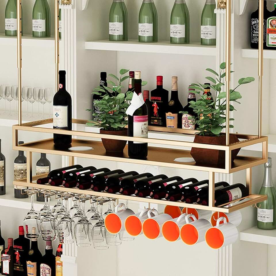 Industrial 2-Tier Upside Down Hanging Bottle Organizer and Stemware Storage Wine Enthusiast Adjustable Boom Height Holds Any Type of Stemware Glassware Wine Glasses and Flutes Bottle Rack