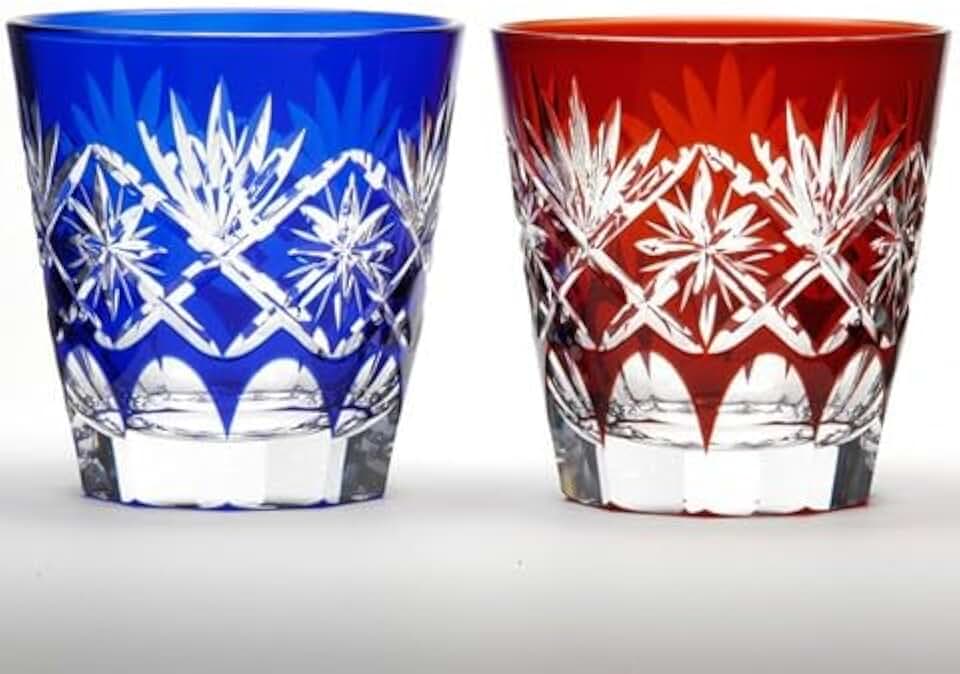 KIMOTO GLASSWARE Japanese Edo-Kiriko Cut Glass Old Pair 6.7 Fluid Onces Kenbisi Star Motifs Pattern Red and Blue Set of 2