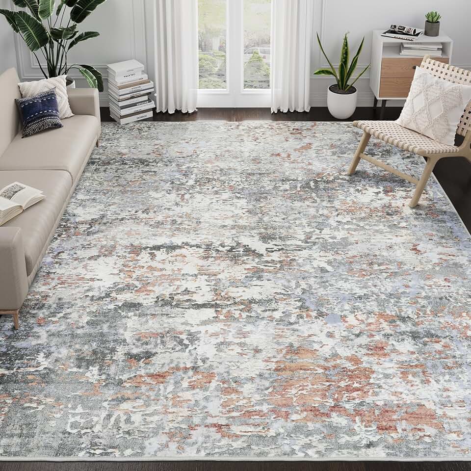 Rugs Washable Area Rug - 9x12 Large Living Room Rug, Non-Slip Ultra-Thin Low Pile Bedroom Mat, Abstract Lightweight Floor Carpet for Dining Room Kitchen (Orange/Grey, 9' x 12')