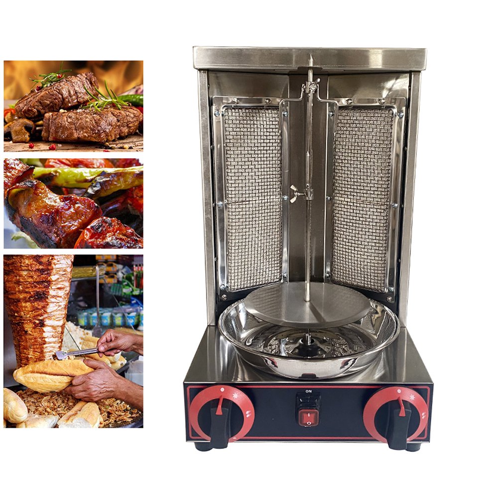 INTBUYING LP Gas Kebab Gyro Grill Machine Electric Vertical Broiler Rotating Shawarma Machine with 2 Burner