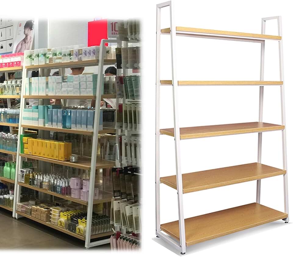 Large Supermarket Storage Retail Stand, 5 Tier Wood Display Snack Rack for Medicine/Drinks/Skincare/Beauty/Nail Polish，kitchen Floor-Standing Display Stand (Color : White, Size : 90x34x150cm/35.