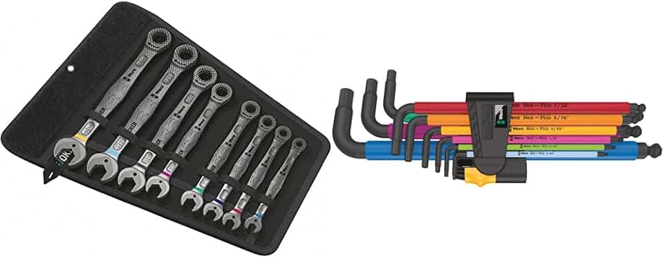 Wera 05020012001 Joker Set Imperial Combination Wrench-Set, 8 Pieces & 05022640001 950/9 Hex-Plus Multicolour Imperial 2 L-Key Set, Imperial, BlackLaser, 9 Pieces