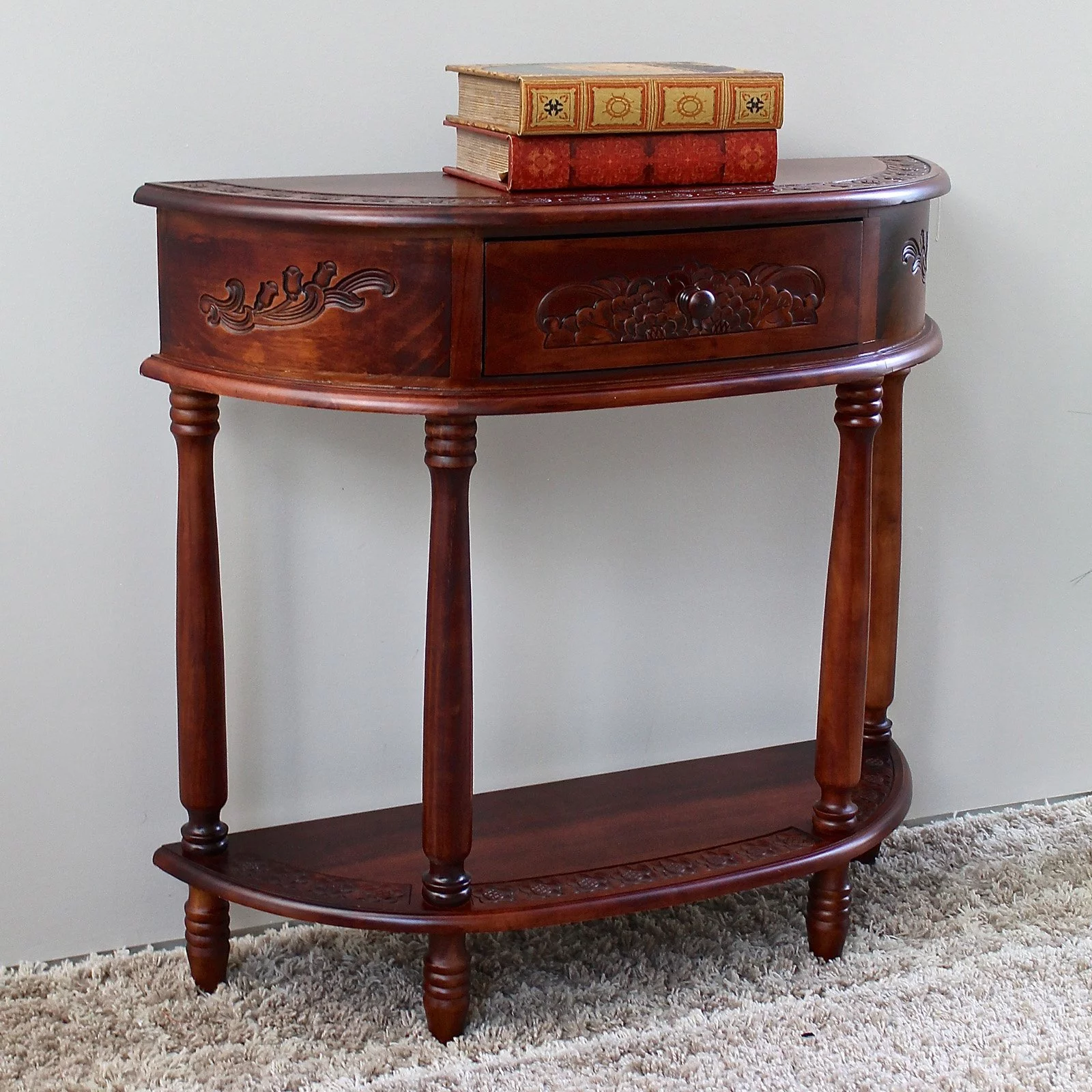 International Caravan Windsor Hand-Carved Half-Moon Console Table