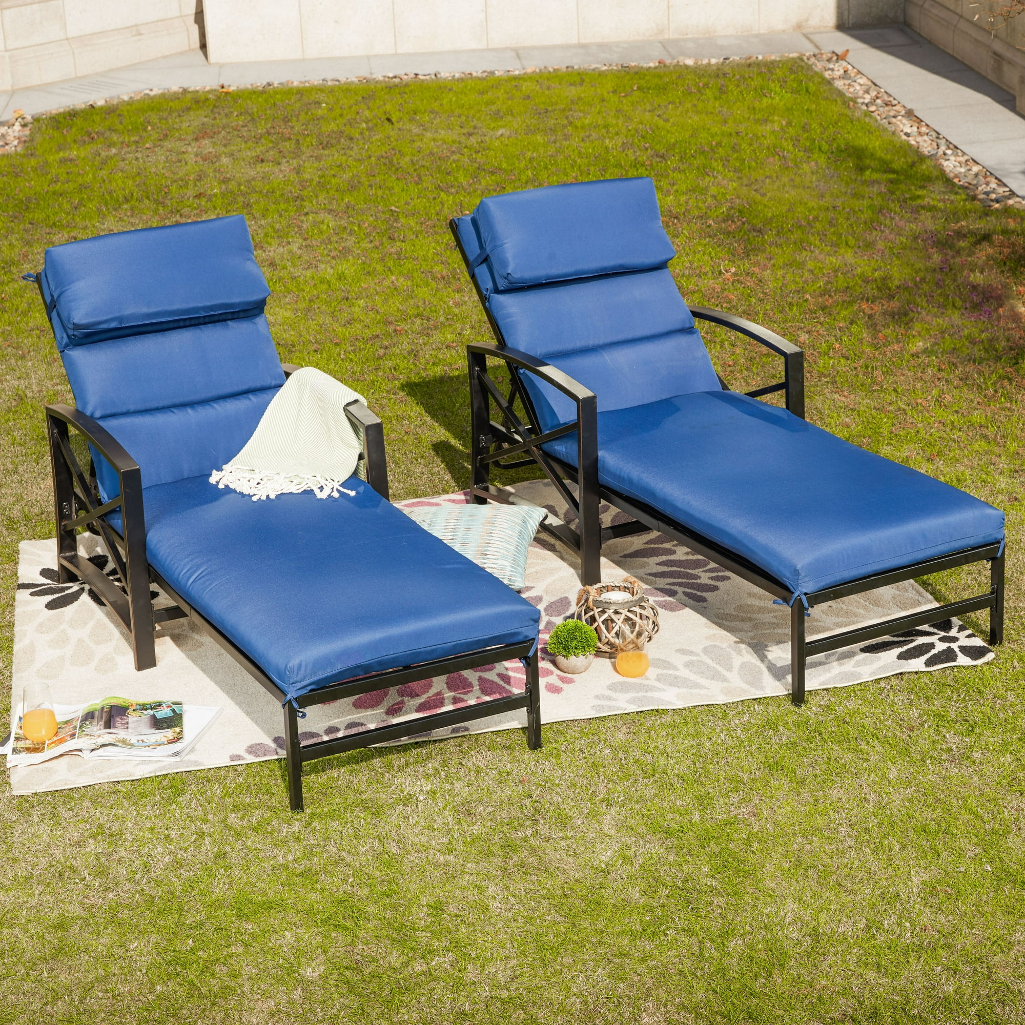 Patio Festival Metal Outdoor Chaise Lounger in Blue/Black (Set of 2)