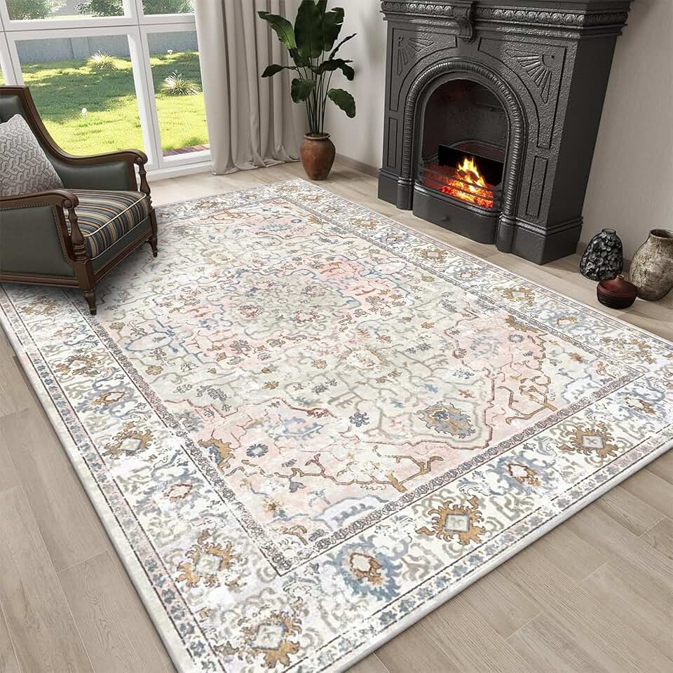 Medallion Boho Washable Area Rug,Soft Living Room Rug 5x8ft/60x96in/150x240cm,Red, Thin Rugs for Bedroom, Floral Rug, Low-Pile Area Rug Home Decor