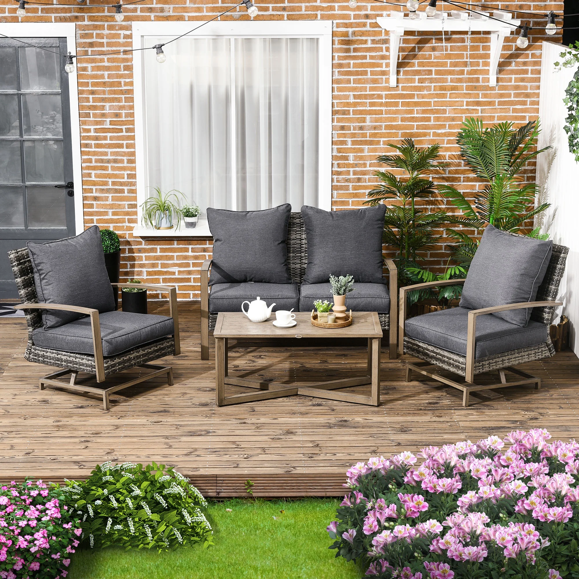 Outsunny 4pc Patio Furniture Set, Rattan Rockers, Loveseat, Table, Charcoal