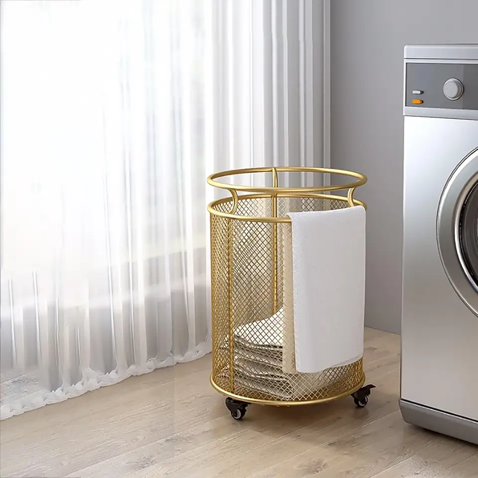 Laundry Basket with Wheels, Gold Metal Rolling Cart for Yoga Mat Storage - Wire Hamper Rack, Gold Hamper Basket Organizer