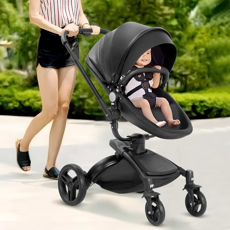 2 in 1 High Landscape Convertible Baby Stroller, PU Leather Newborn Reversible Bassinet Pram, 360° Rotating Foldable with Adjustable Canopy, Aluminum Structure, 5-Point Harness for Infant & Toddler