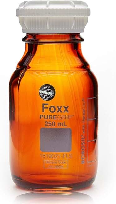 BOROSIL PUREGRIP 1519021-FLS Amber Reagent Bottles with GL45 Screw Cap, 250 mL, 150 fl. oz., Borosilicate GLASS