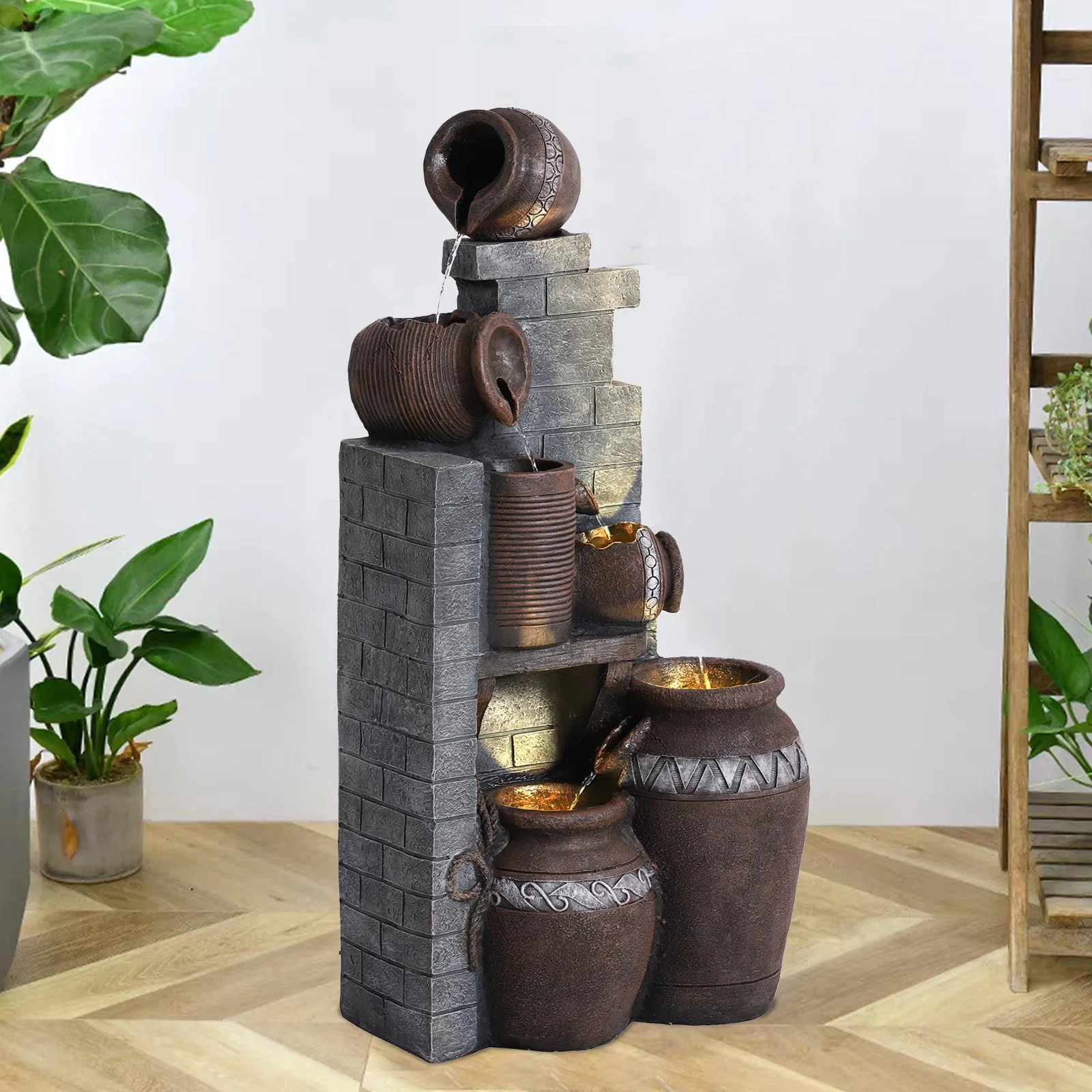 Outdoor Water Fountain with LED Lights, UL Certified Resin Material, Natural Stone Appearance Waterfall, 5 Tiers Modern Cascading Large for Home Art Decor, Garden, Lawn and Patio (Gray)