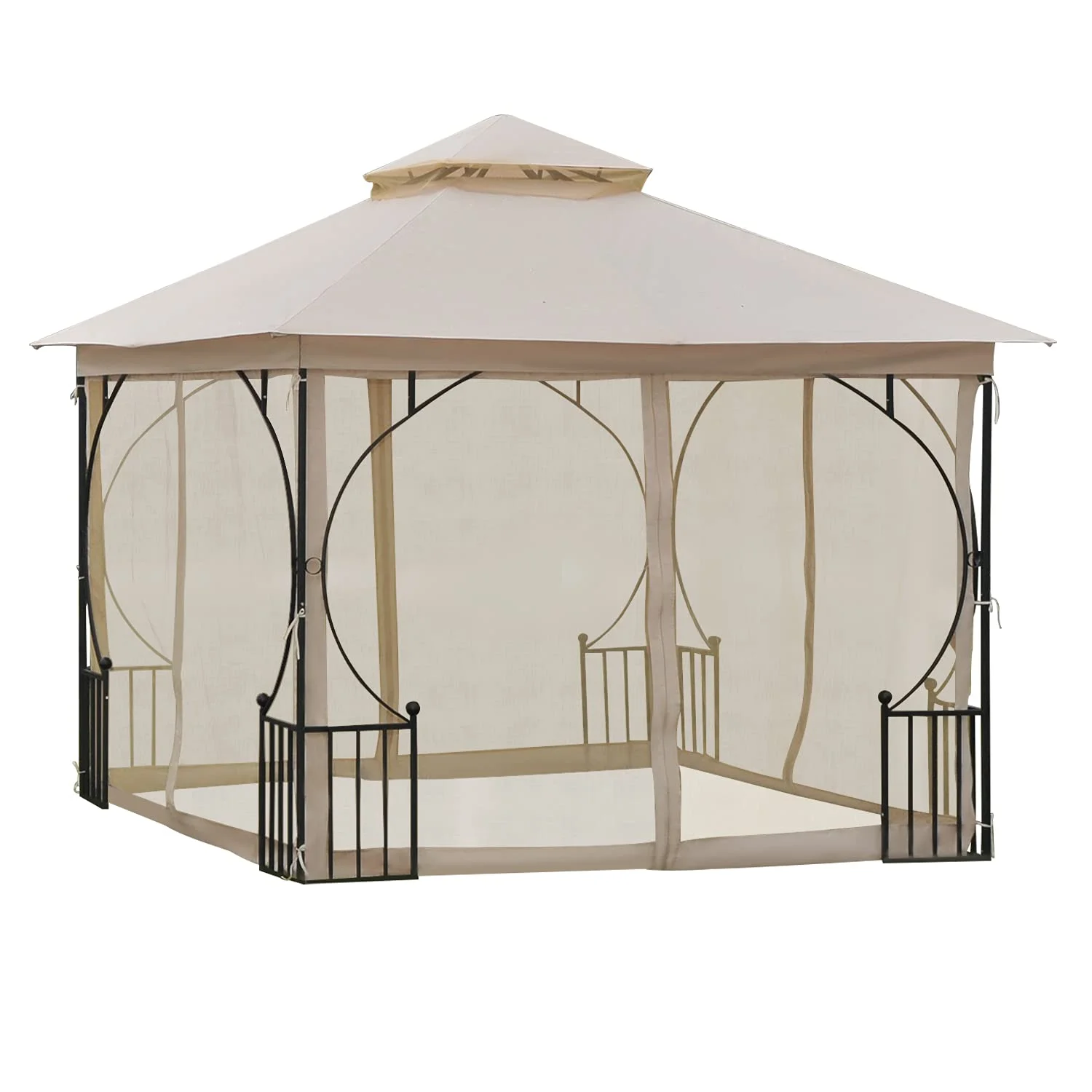 Outsunny 10' x 10' Patio Gazebo, Double Roof Outdoor Gazebo Canopy Shelter with Netting, Steel Corner Frame for Garden, Lawn, Backyard and Deck, Beige C25