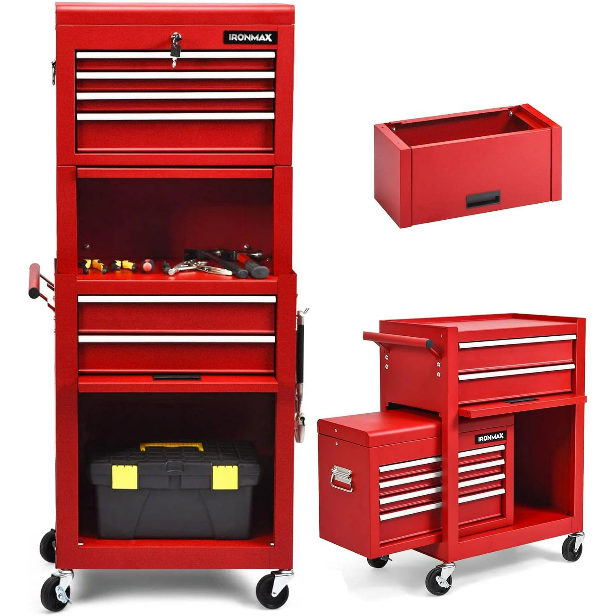 IRONMAX 6-Drawer Tool Cabinet on Wheels, Lockable 3 in 1 Heavy Duty Toolbox Organizer w/ 4 Universal Wheels & Hooks, Detachable Metal Tool Chest for Garage, Warehouse, Repair Shop (Red)