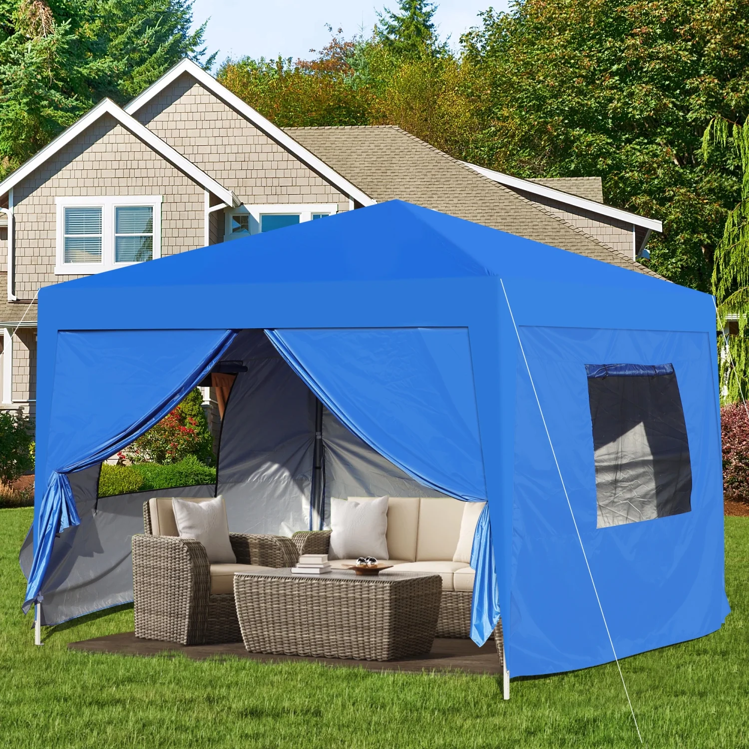 Outdoor 10x 10Ft Pop Up Gazebo Canopy Tent with Removable Sidewall with Zipper 2pcs Sidewall with Mosquito Netting with 4pcs Weight sand bag with Carry Bag-Blue