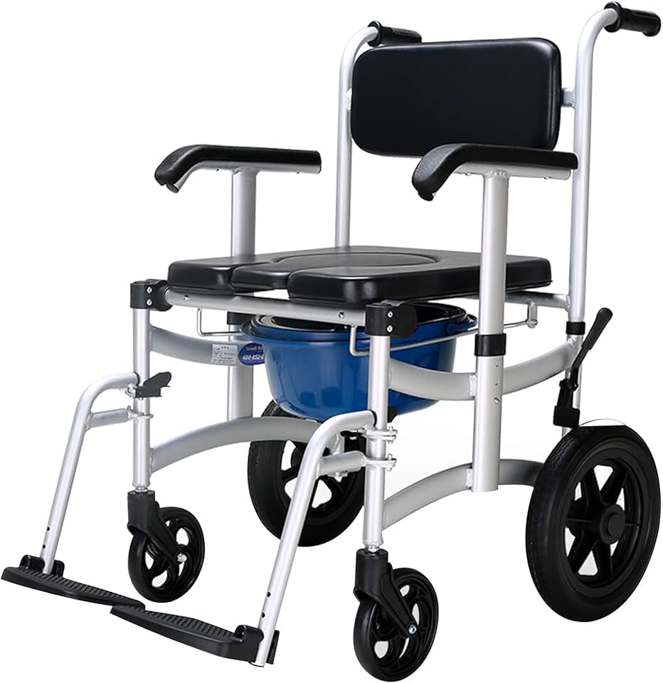 AOI Mobile Shower Chair, Toilet Commode Wheelchair with Handbrake, Removable Pedal, Adjustable Armrest, 12