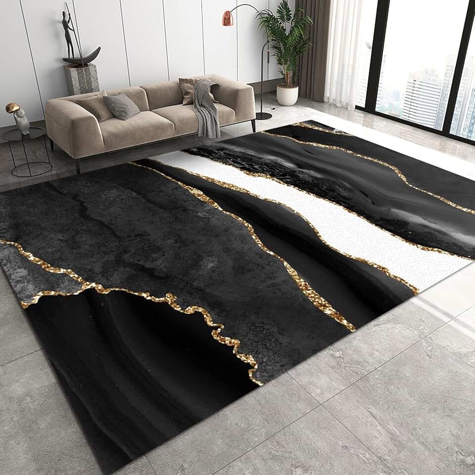 Large Area Rugs 8x10ft, Black White Marble Texture Living Room Rugs, Gold Stripe Light Luxury Noise-Cancelling Floor Mats, Soft Durable for Hotel Home Decor Yoga Room Patio