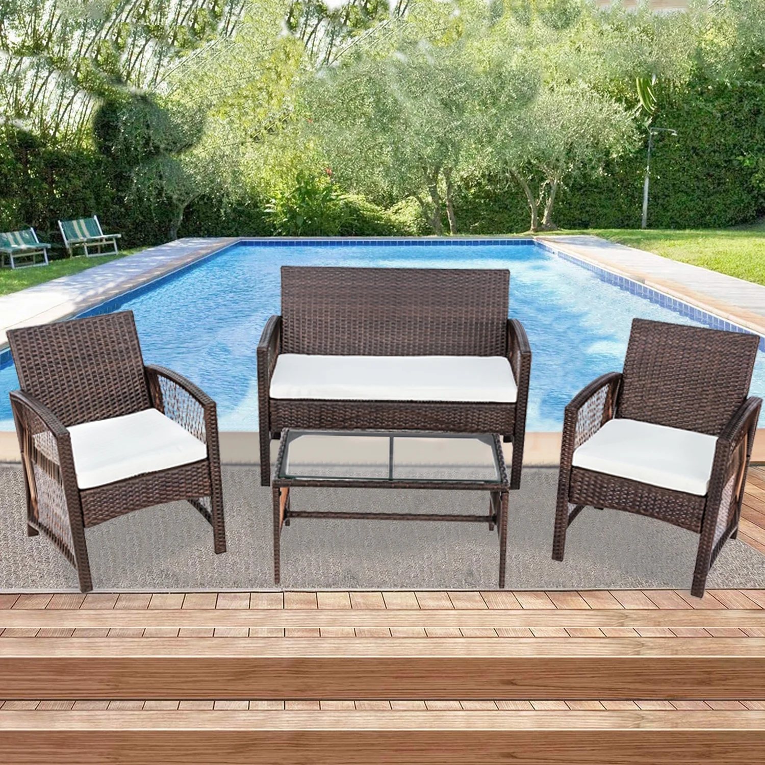 Outdoor Patio Furniture Sets, 4 Piece Brown Wicker Outdoor Porch Conversation Sets, 2pcs Arm Chairs, 1pc Loveseat&Coffee Table, Patio Bar Set, Dining Set for Backyard Lawn Porch Poolside Garden, W7775
