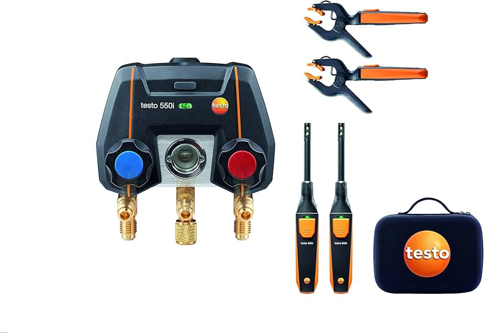 Testo 550i Kit I App Operated Digital Manifold, 2 x 605i Thermohygrometer and 2 x 115i Pipe Clamp Thermometer for air Conditioning, Refrigeration Systems and Heat Pumps – with Bluetooth