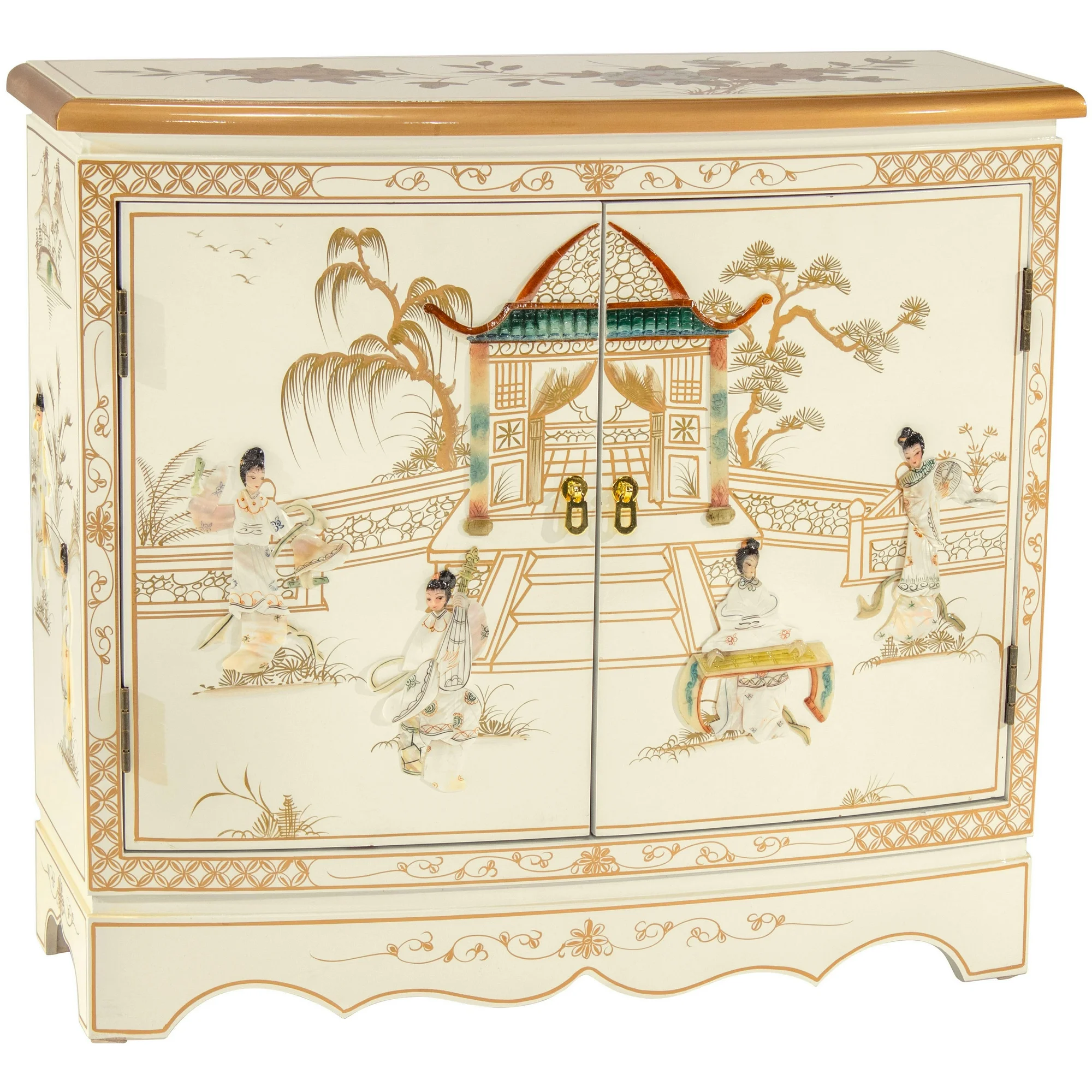 Oriental Furniture White Lacquer Hall Cabinet - Royal Ladies