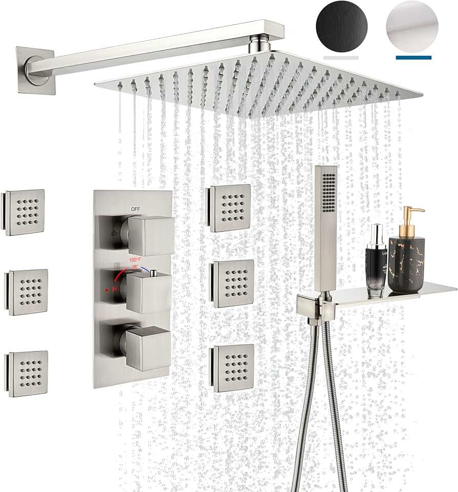Brushed Nickel Bathroom Shower System, 12 Inch Thermostatic Bathroom Mixer Shower Faucet Set, Wall Mounted Rain Shower Head with Handheld Spray and 6 Body Jets for Bathroom