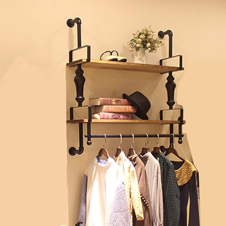 ZYFA Clothing Garment Rack Wall Mounted with Wood Shelf,Industrial Pipe Floating Shelf,Retail Display Clothes Racks Heavy Duty Organizer Hanger Metal Sturdy Multi-functional Bedroom Rack
