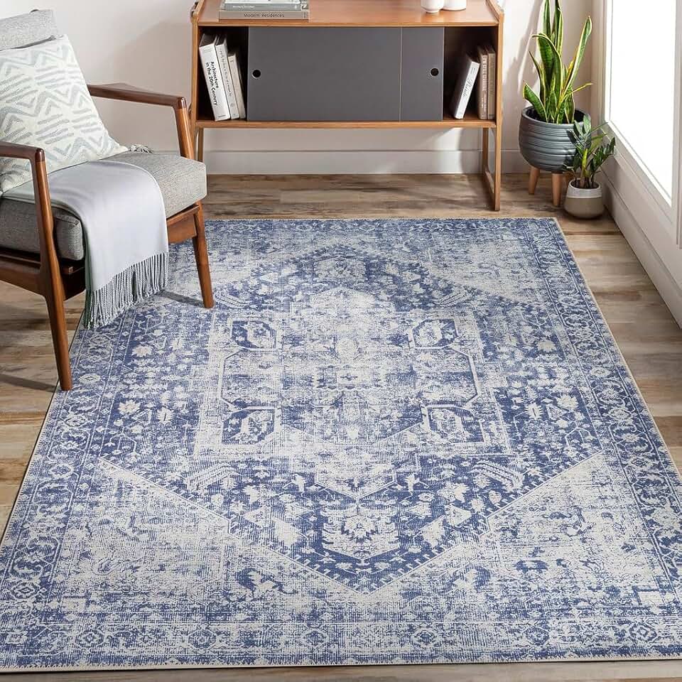 Adiva Rugs Machine Washable 9x12 Area Rug with Non Slip Backing for Living Room, Bedroom, Bathroom, Kitchen, Printed Vintage Home Decor, Floor Decoration Carpet Mat (Blue, 9' x 12')