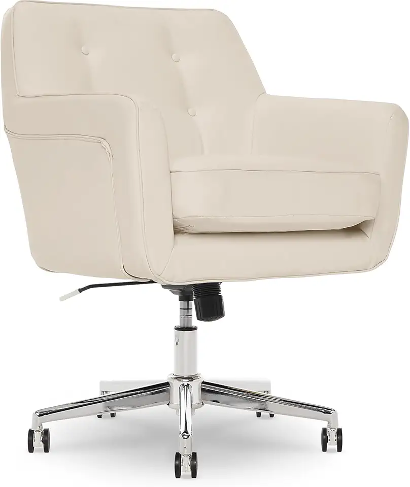 Serta Ashland Home Office Desk Chair with Button Tufted Back, Memory Foam Cushion and Padded Arms, Mid Century Modern Vanity Armchair with Wheels for Bedroom, Chrome Metal Base, Cream