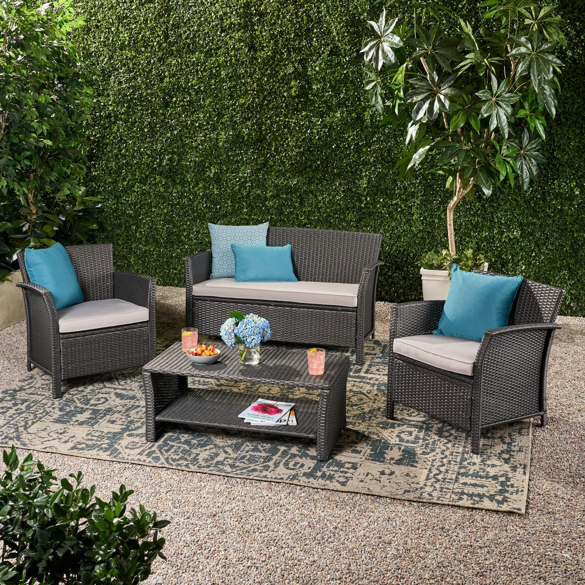 Outdoor 4 Piece Wicker Chat Set with Cushions, Grey & Silver