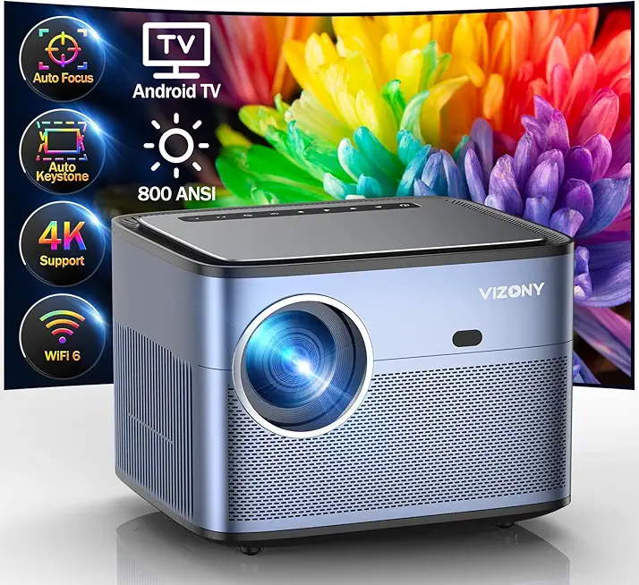 [Auto Focus/Keystone]Projector 4K Support with WiFi Bluetooth, VIZONY 800ANSI Android TV Outdoor Projector, 4P4D/Zoom/PPT, Home Movie Projector with Netflix/Prime Apps Built-in, 8000+ Apps
