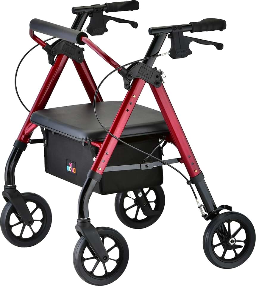 NOVA Star Heavy Duty Bariatric Rollator Walker with Extra Wide Padded Seat, 8” Wheels, Fold Lock Feature, Rolling Walker with Adjustable Seat Height & 450 lbs. Weight Capacity, Red