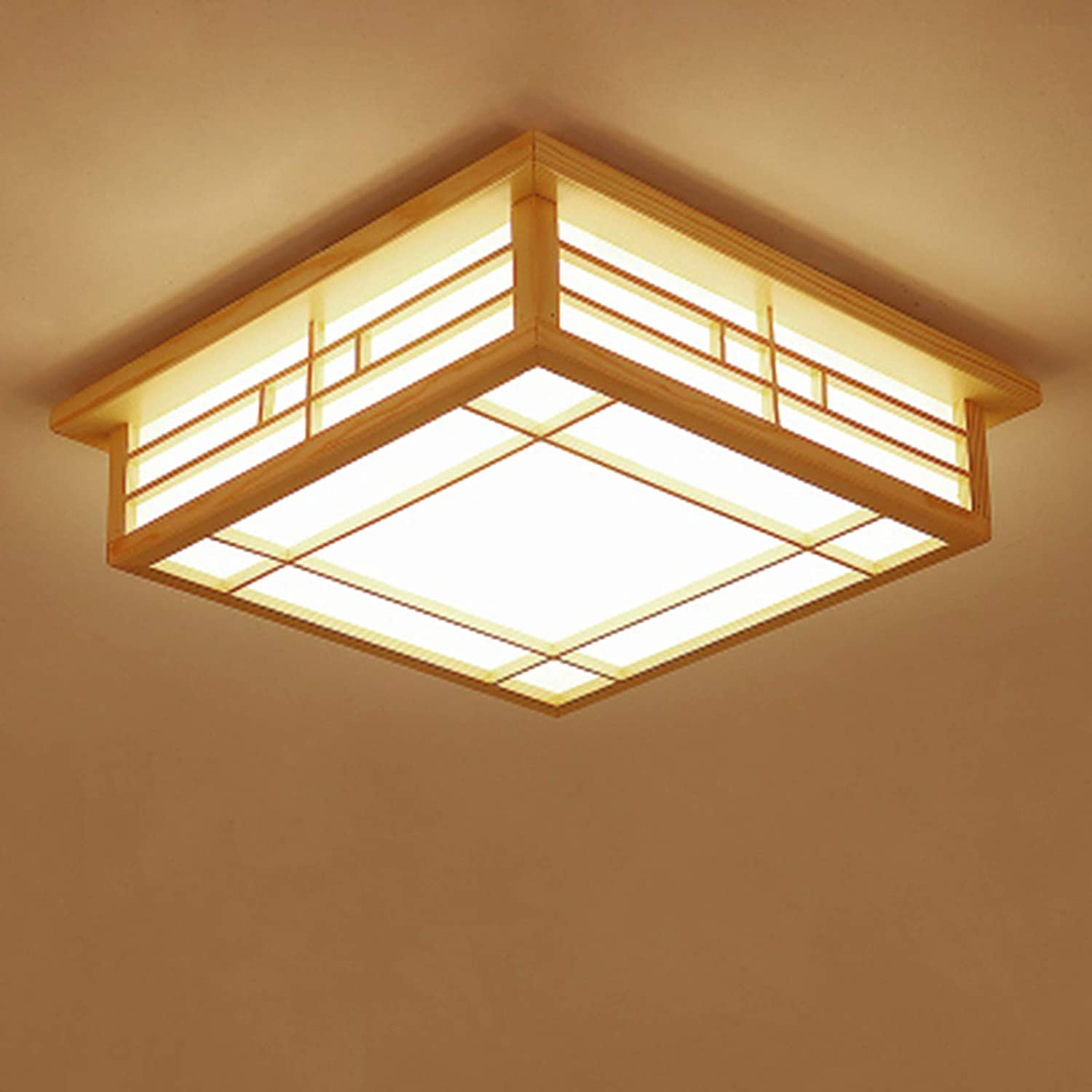 Japanese Style Square Wood Ceiling Light Fixture With Led Lamps, 110V Remote Control Dimmer Light Perfect For Bedroom, Living Room, Dining Room, And Kitchen (35X35Cm)