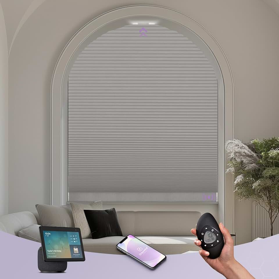 Graywind Smart Arched Blinds Compatible with Alexa Google Motorized Elongated Perfect Arch Shades Solar Powered, Customized for Odd-Shaped Window (Blackout Light Grey)