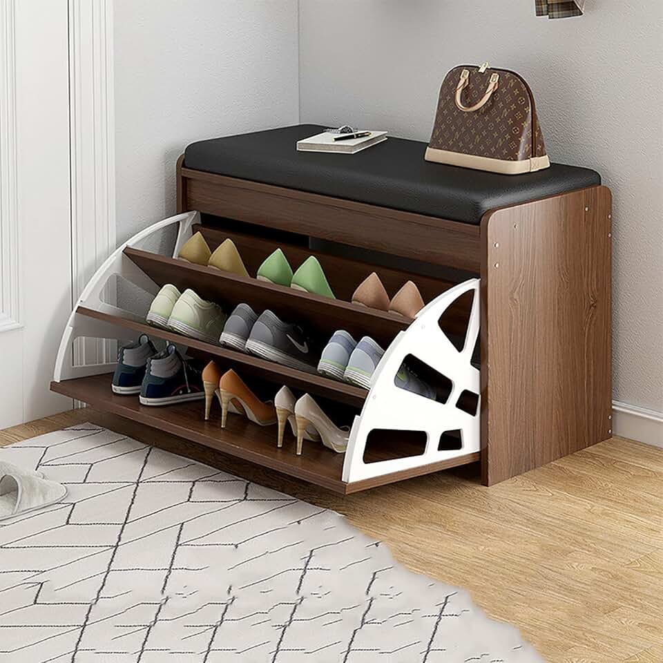 Flip-Drawer Shoe e Bench,PU Padded Shoe e Bench with Drawer,Wooden Shoe Rack Pull Down e Cabinet Stand Rack Cupboard Organizer for Entryway and Hallway,C,60 * 30 * 51CM