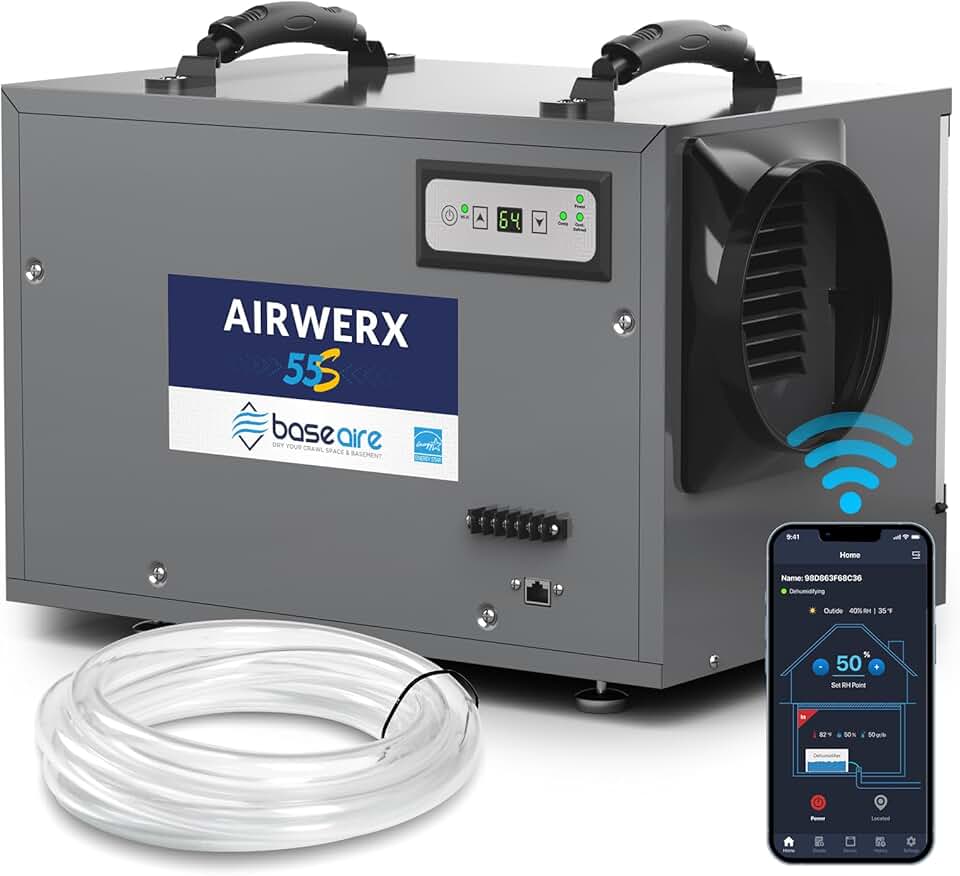 BaseAire 120 Pints Dehumidifier with WiFi for Crawl Spaces, Commercial, Basements, up to 1,300 sq. ft, Energy Star, Compact, Portable, Auto Defrost, Intelligent Humidity Control, Memory Starting