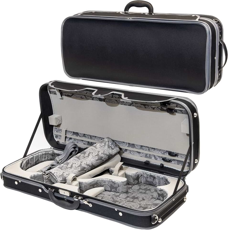 MI&VI NA-8001W Professional Double Violin & Viola Travel Case 4/4 (Full Size) Silk Interior | Hardwood Shell | Adjustable Straps | Fits One Full Size Violin & One 16