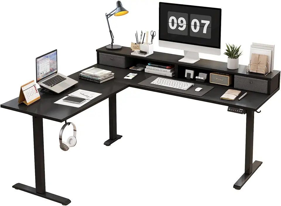 L Shaped Electric Standing Desk with 2 Drawers, 63 Inch Ergonomic Adjustable Height Desk with Storage, Corner Desk Sit Stand up Computer Table for Work Office Home, Black