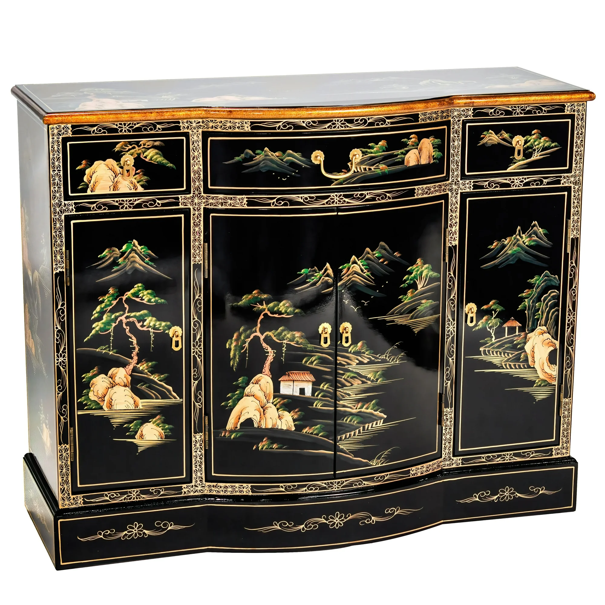 Oriental Furniture Black Lacquer Curved Sideboard - Landscape