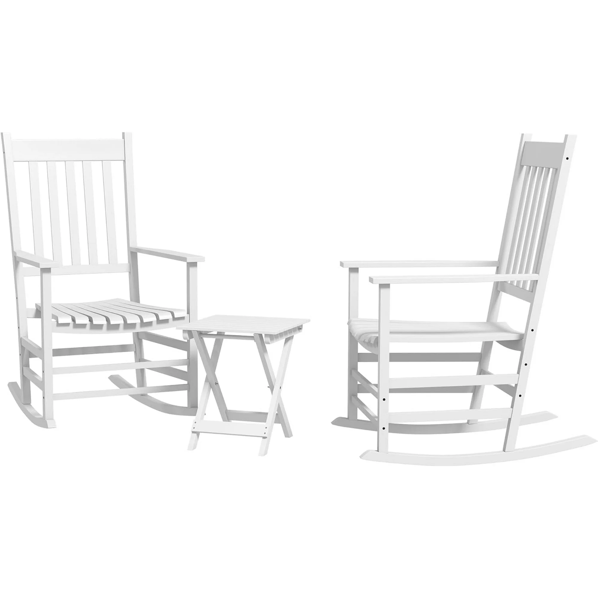 Outdoor Rocking Chair Set of 2 with Side Table, Patio Wooden Rocking Chair with Smooth Armrests, High Back for Garden, Balcony, Porch, Supports Up to 352 lbs., White