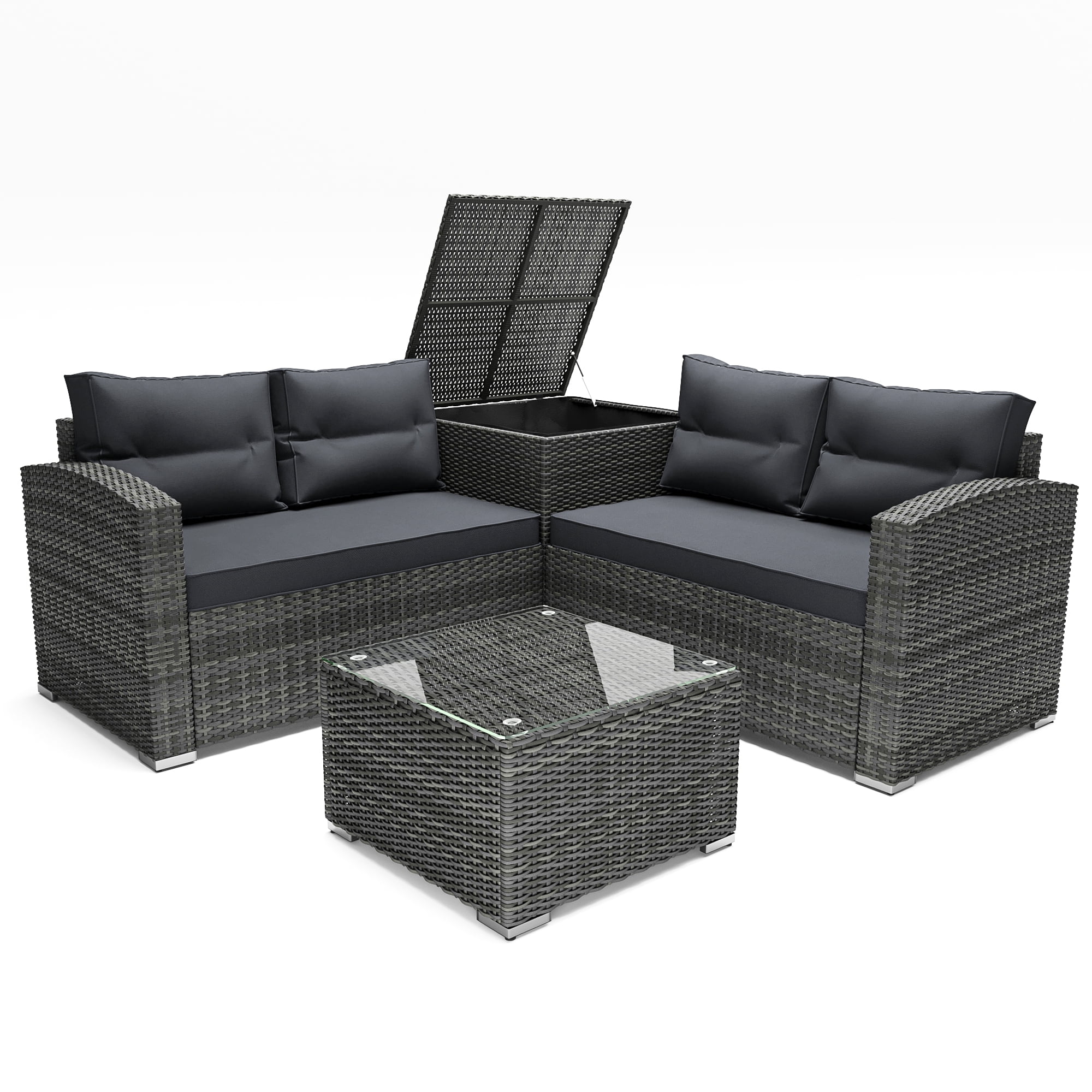 Outdoor Patio Furniture Sets, 4 Pieces Wicker Sectional Sofa Set with 2 Cushioned Loveseats, Glass Coffee Table and Side Cabinet, Rattan Conversation Set for Backyard, Poolside, Deck, Gray, D5645