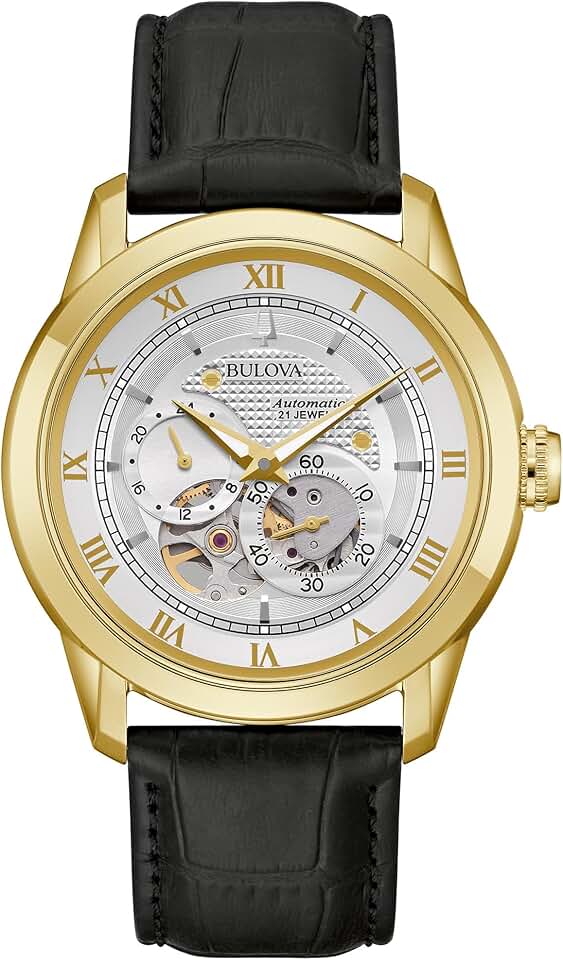 Bulova Men's Classic Sutton 4-Hand Automatic Watch, 24-Hour Sub Dial, Open Aperture, Self-Winding, Exhibition Caseback, Double Curved Mineral Crystal, Luminous Hands, 42mm