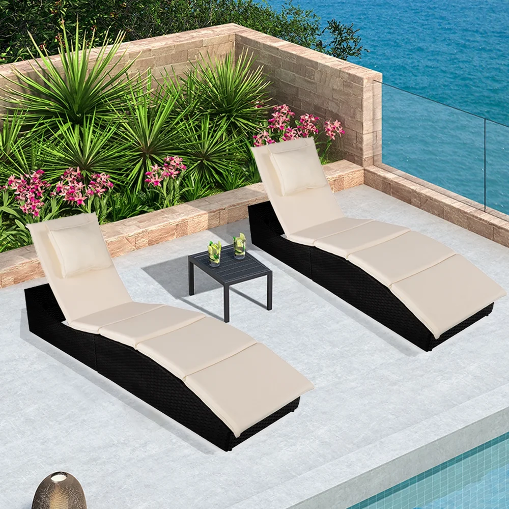 Outdoor Patio Chaise Lounges Set of 2, enyopro PE Rattan Lounger Chair with Adjustable Backrest & Cushion, Folding Chaise Reclining Chair with 6 Adjustable Position for Pool Beach Yard Deck, K3728