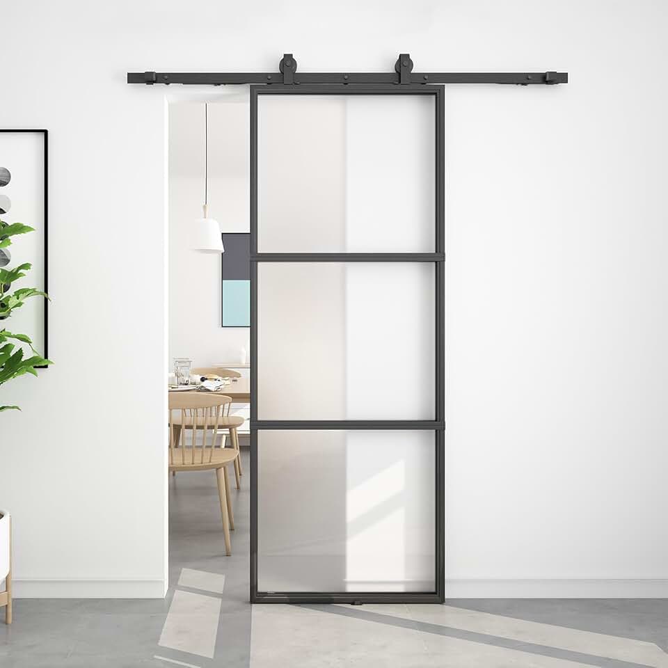 BARNSMITH 32in x 84in Frosted Glass Barn Door and 6FT Hardware kit Included, Soft Close Mechanism,Black Carbon Steel Tempered Frosted Glass Sliding Barn Door, Easy Assembly