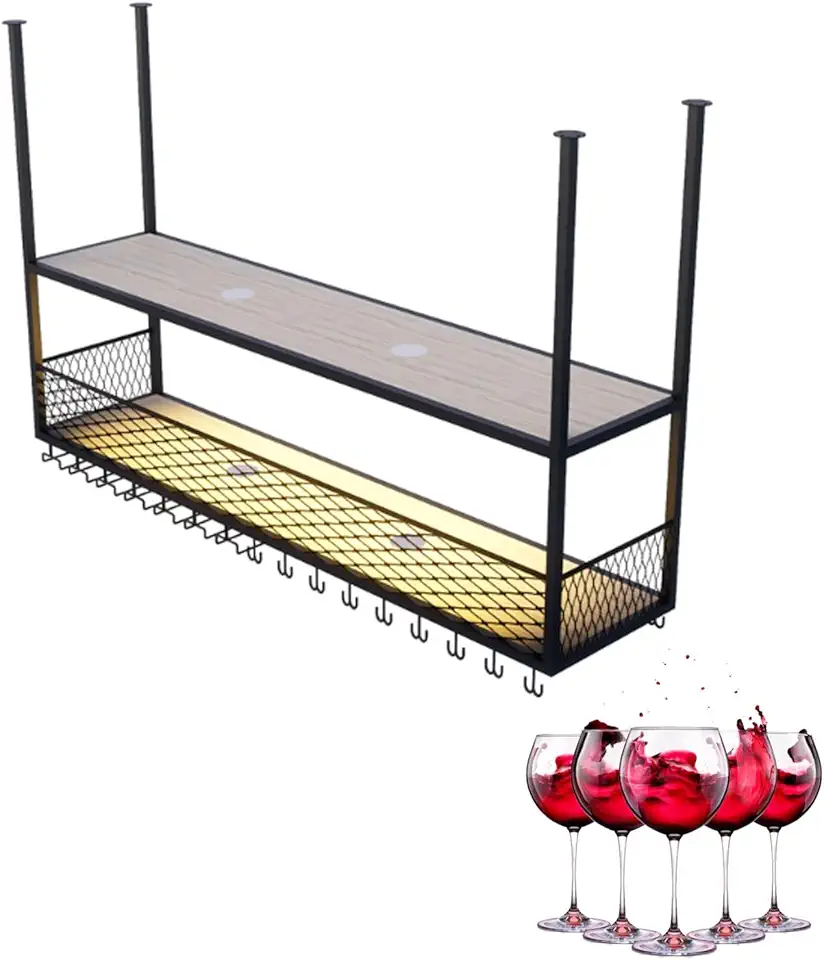 Metal Wine Rack Hanging Modern Goblet Display Storage 2-Tiers Iron Wine Shelf With Wine Glass Holder Industrial Floating bar bottle display shelf With Lights Wine Glass Storage Racks for Bars Kitchen(