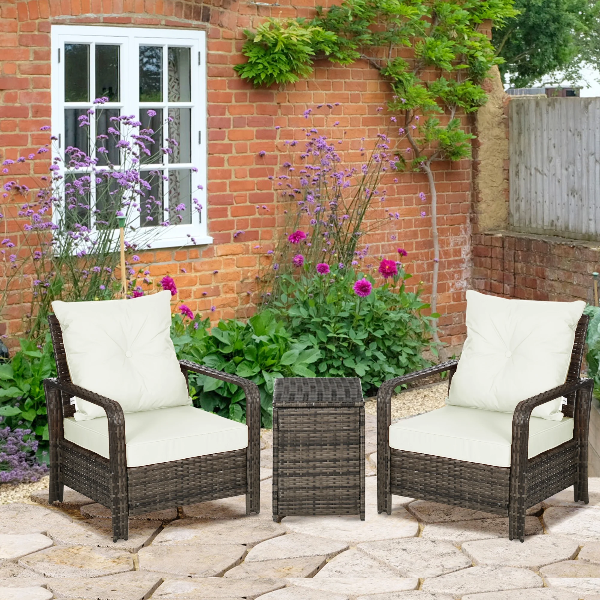 Outsunny 3 Piece Patio Furniture, PE Wicker Storage Table & Chairs, Beige