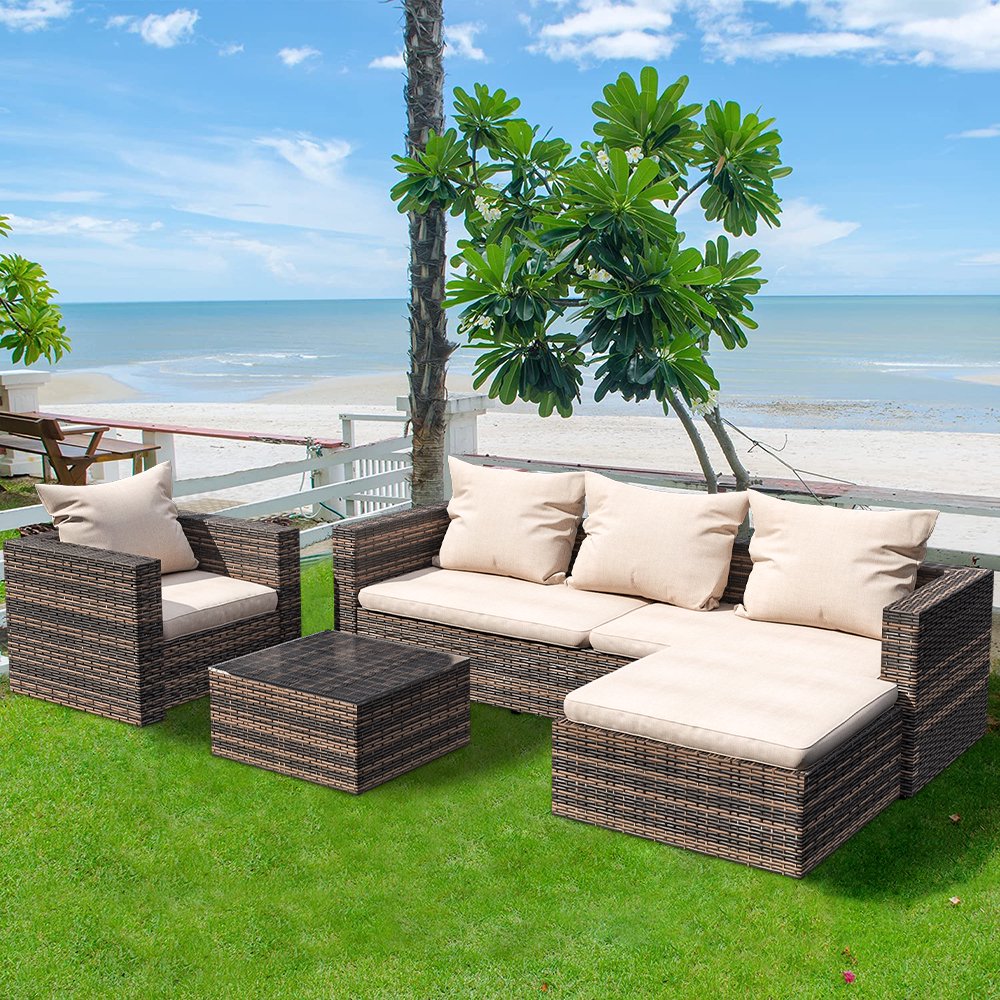Patio Conversation Set, 4 Piece Outdoor Patio Furniture Sets with Wicker Chair, 3-Seat Sofa, Ottoman, Glass Table, All-Weather PE Rattan Patio Sectional Sofa Set for Backyard, Porch, Garden, L4491