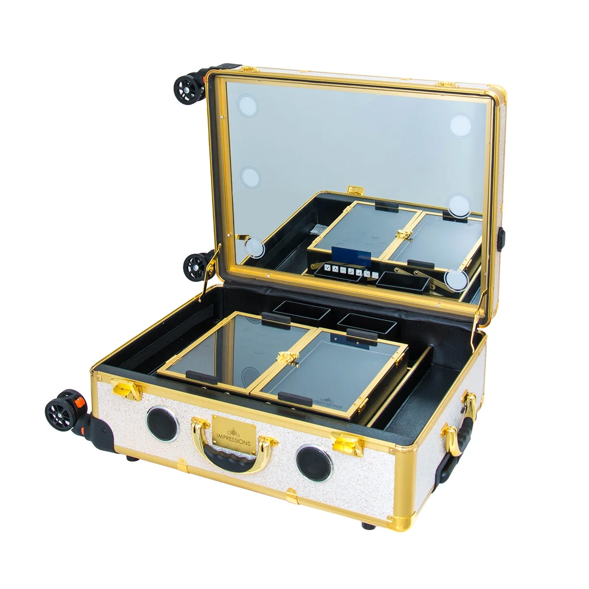 Impressions Vanity SlayCase Pro Lux Travel Train Case with 360 Degree Rolling Wheels(White Sparkle)