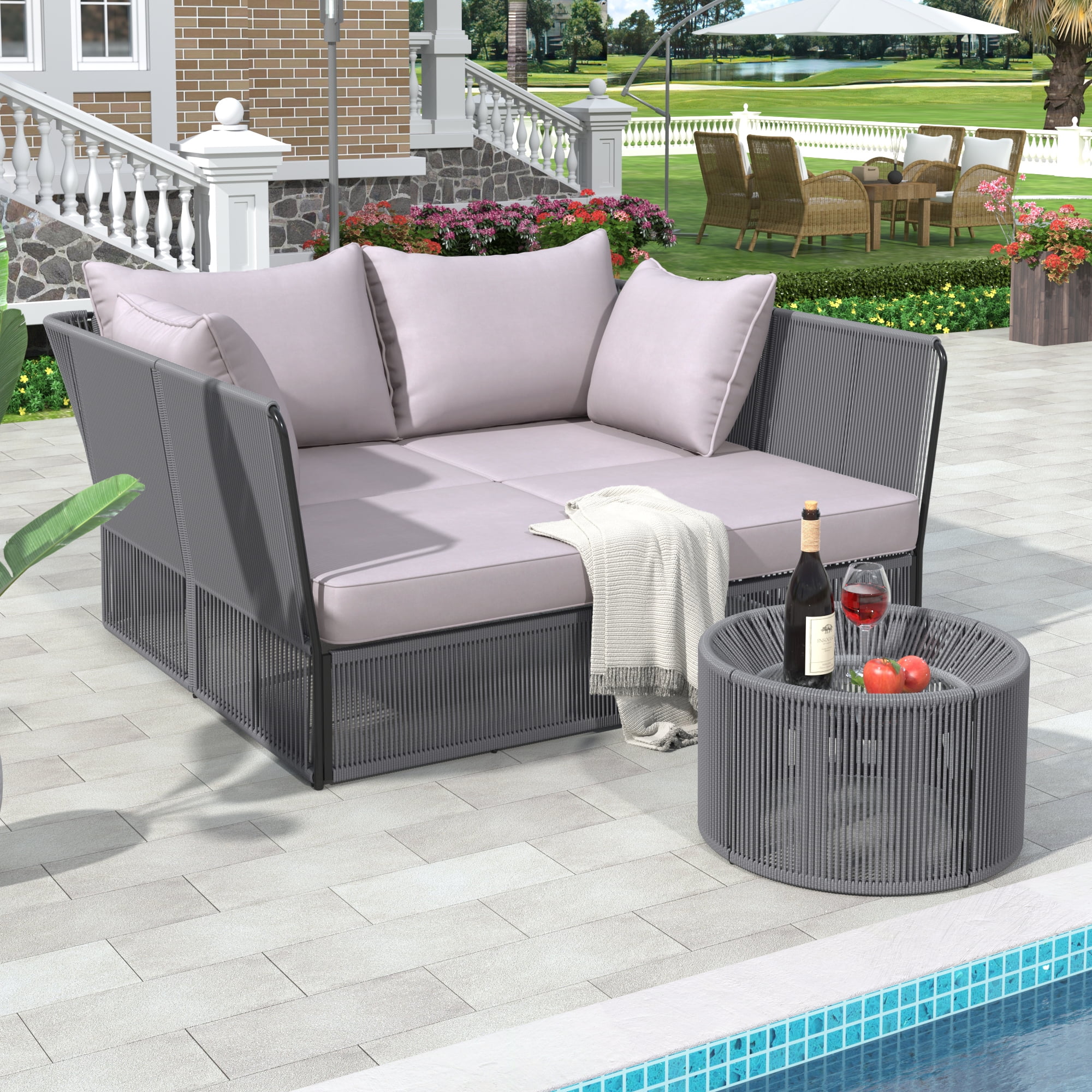 OverPatio 2pcs Outdoor Sunbed and Coffee Table Set, Patio Double Chaise with Clear Tempered Glass Table, Loveseat Daybed for the patio, poolside (Gray Cushion + Natural Rope)
