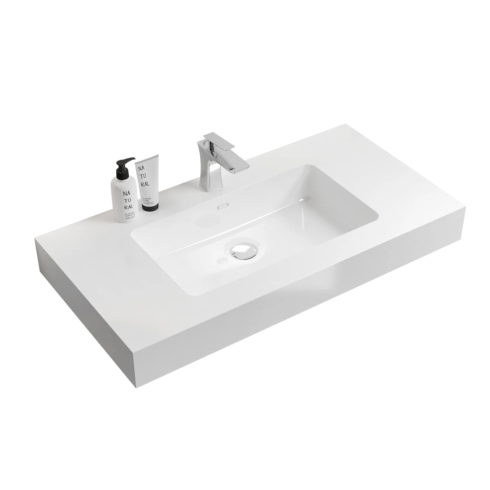 Integrated solid surface basin WITHOUT drain and faucet, glossy white color